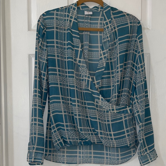 CAbi Tops - CAbi Teal and White Surplice Blouse